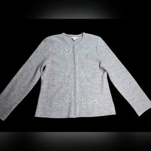 TOG Shop Gray 100% Wool Cardigan with Embroidered Design Sixe Medium